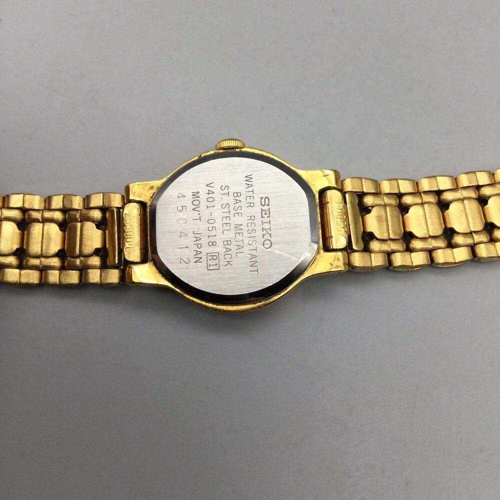 Vintage Seiko Womens Watch 18mm Black Dial Gold Tone V401-0518 New Battery 6.25